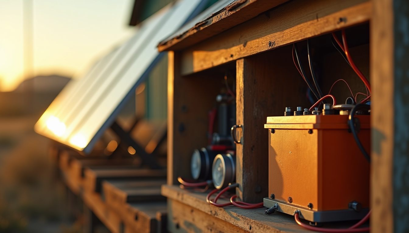A hand-built off-grid power station: solar panel, battery and inverter wiring, at golden hour