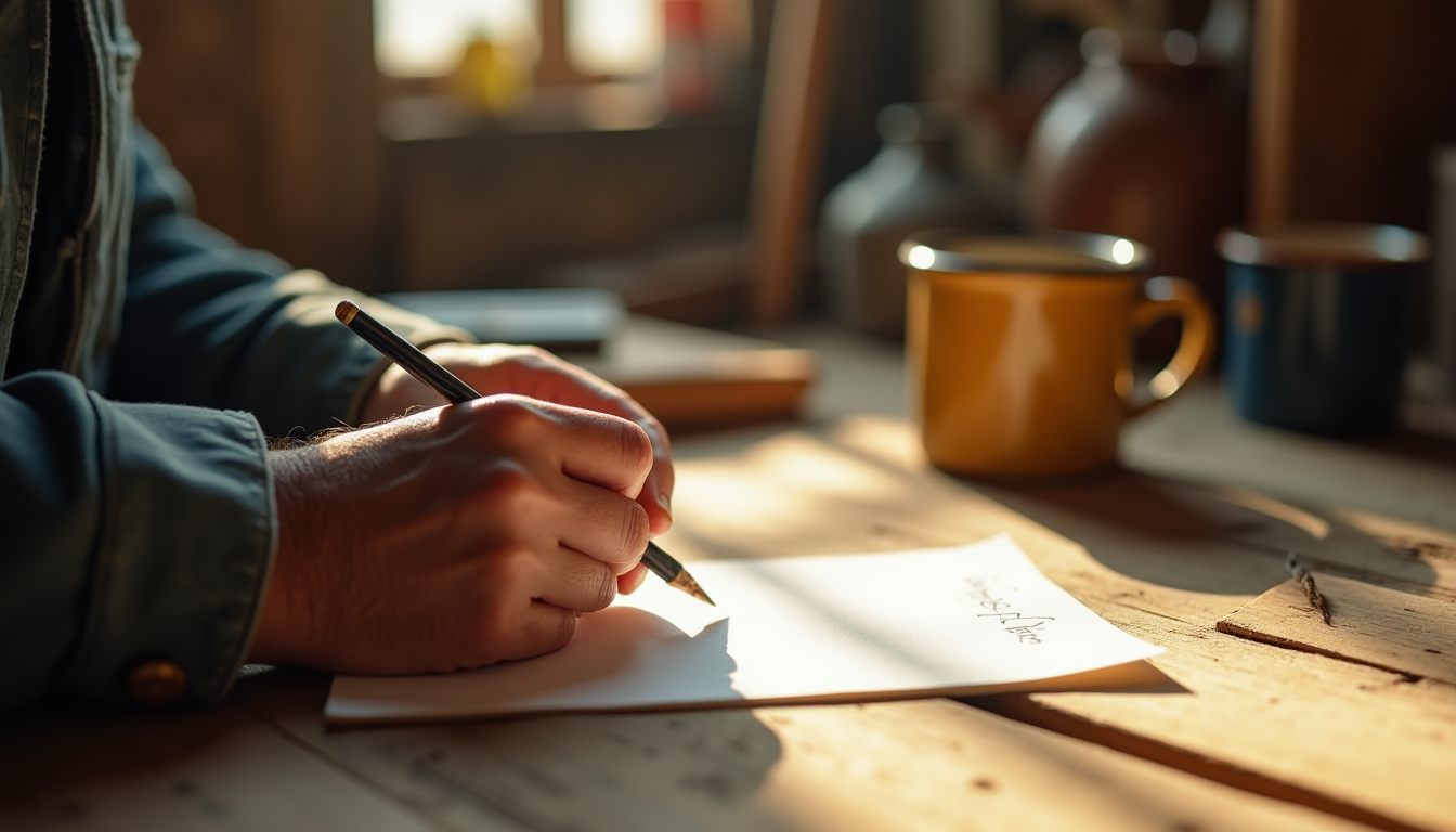 A hand writing a short note at a sunlit workbench, an enamel mug nearby