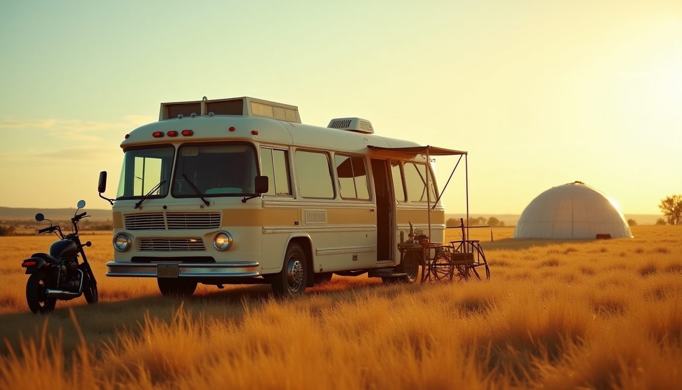 A converted bus off-grid home with solar and a motorcycle in golden dry-grass hills at sunset