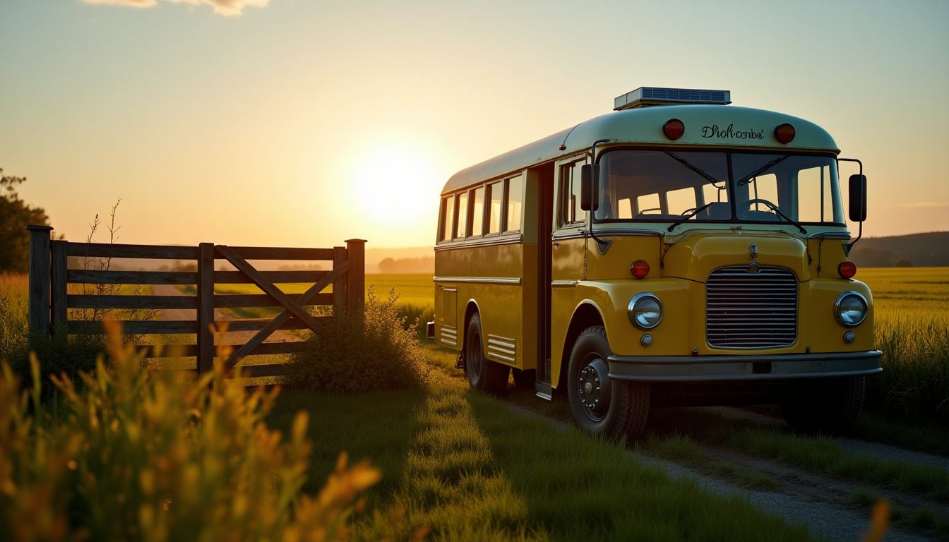 An off-grid bus parked by a wooden farm gate at golden dusk, settled at the edge of a green field