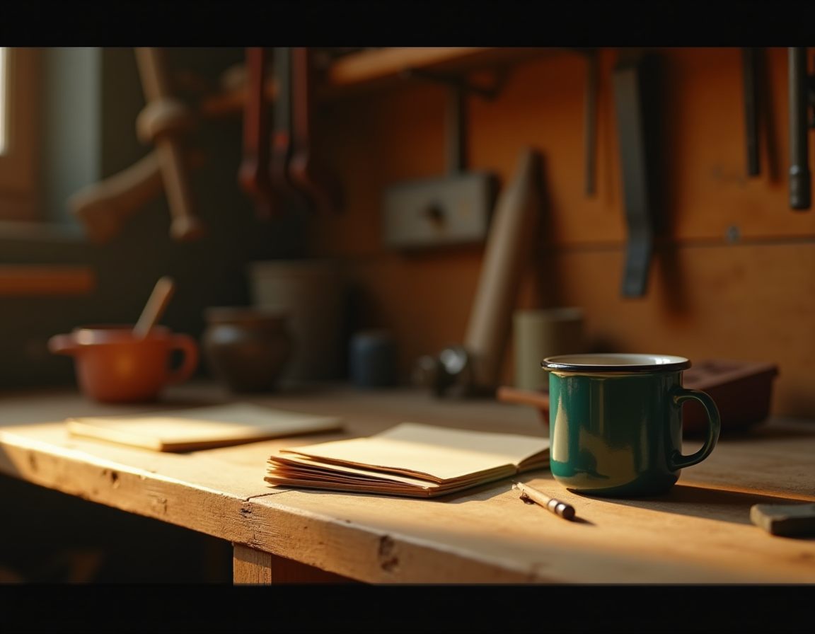 An ordered workbench, notebook and mug