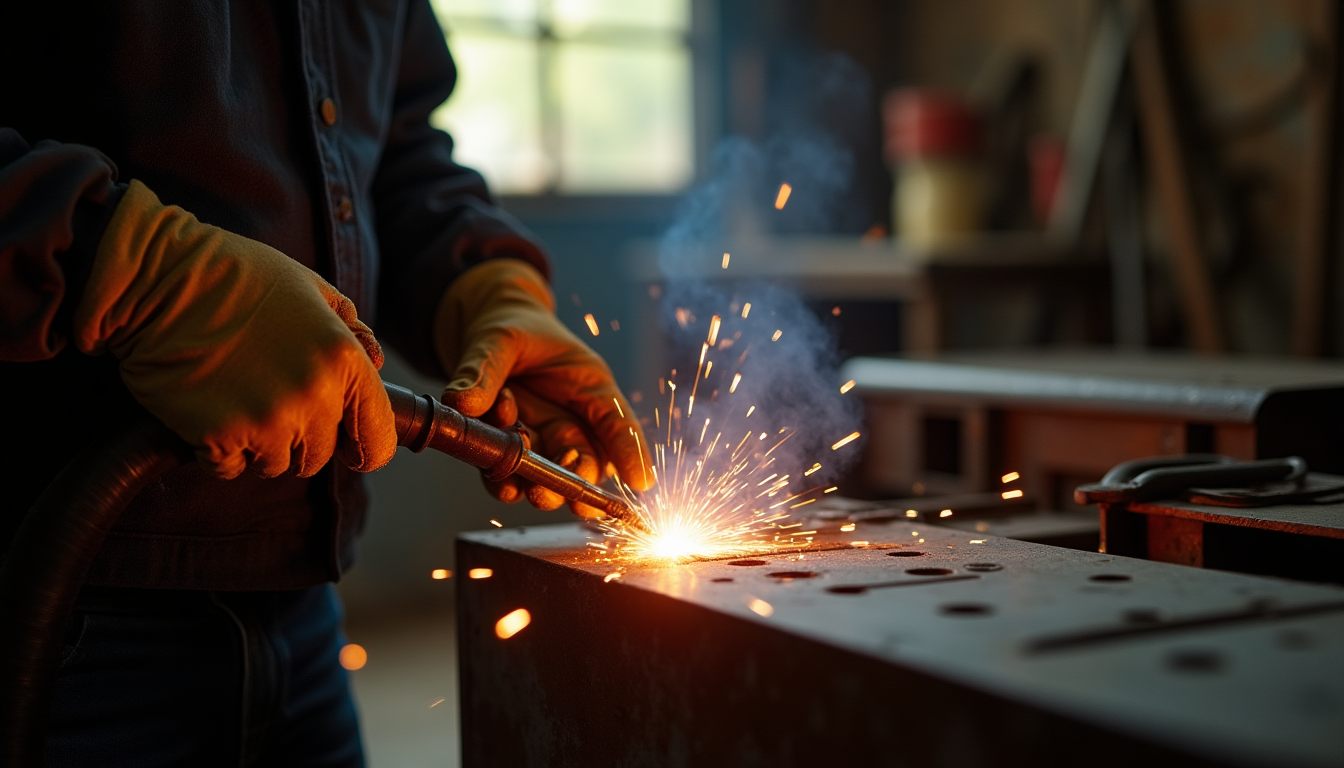 Gloved hands welding, sparks flying, in a warm workshop
