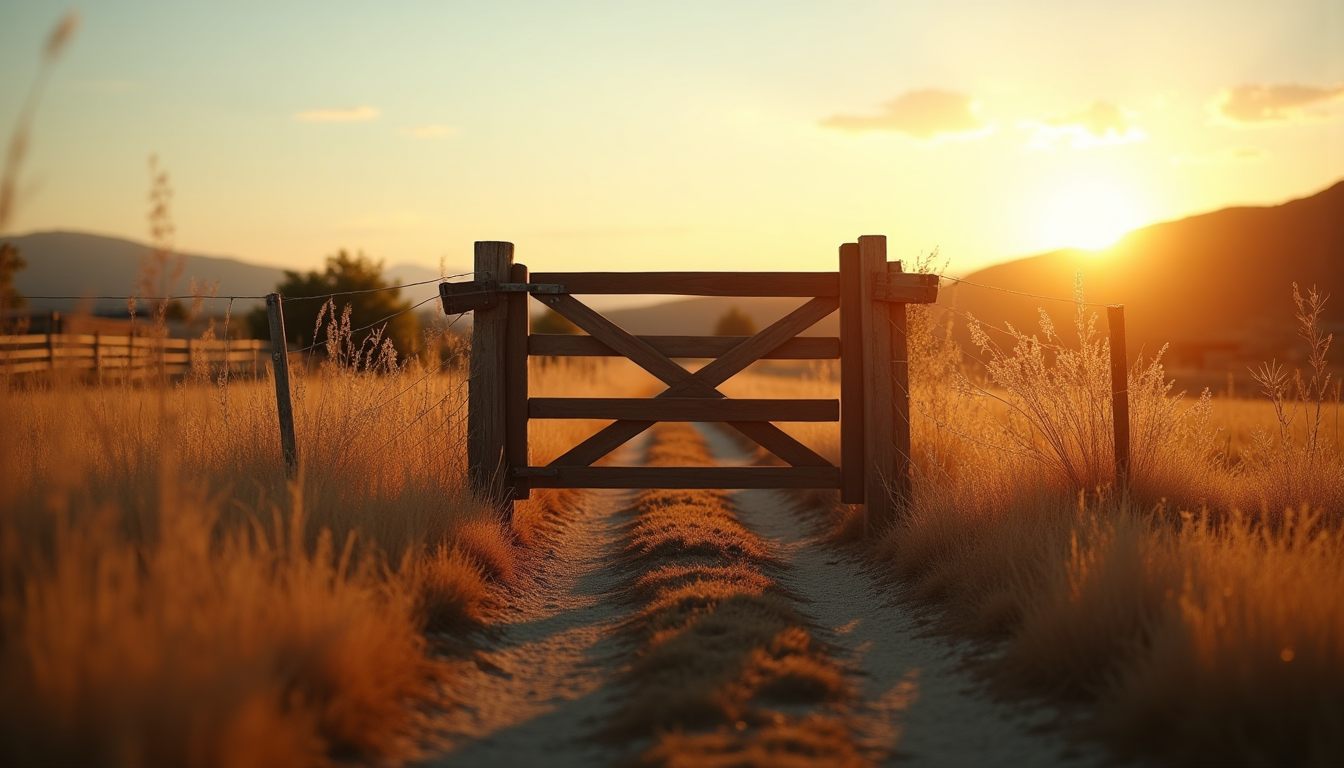 A hand-built wooden gate in a fence line at golden hour, a worn path leading up to it